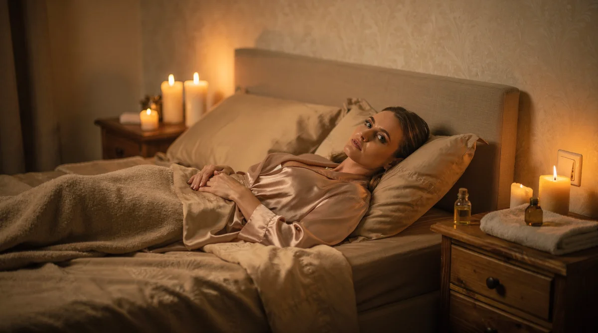 Gorące olejki spływają po jej nagim ciele w sypialni