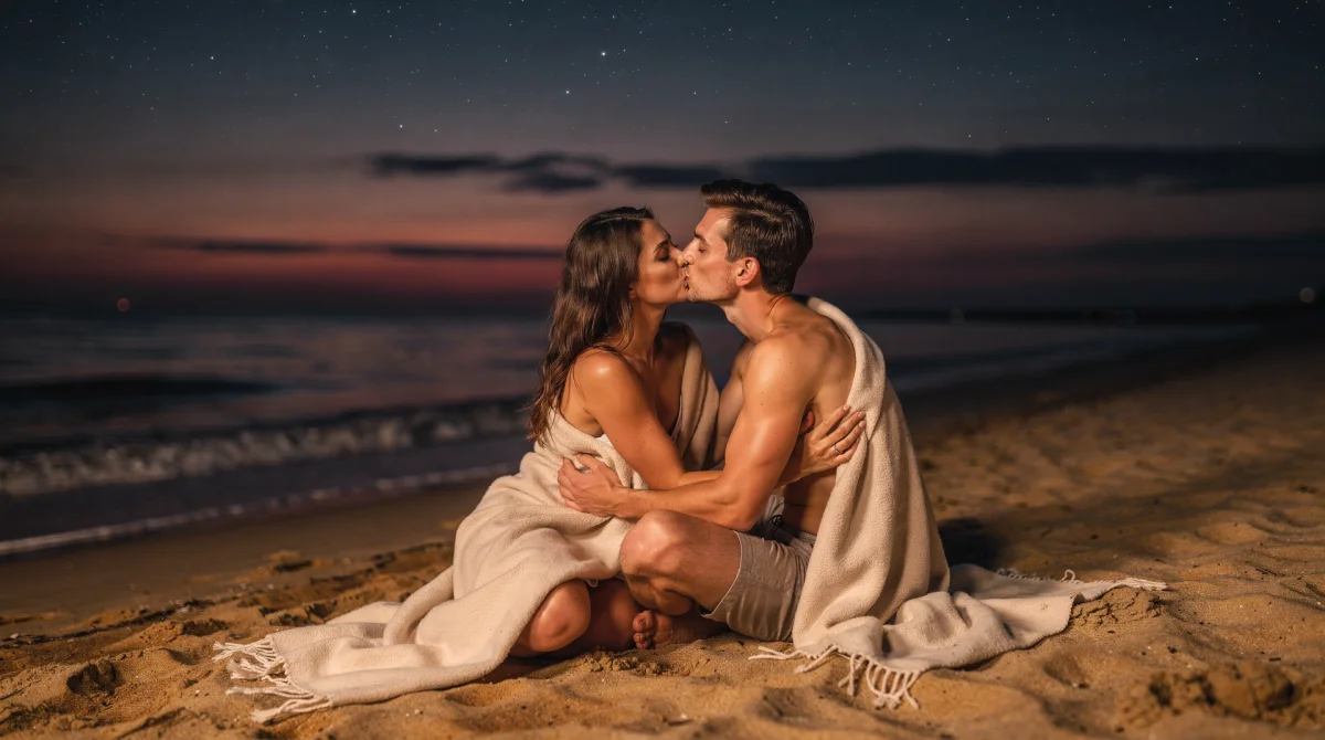 Mokra plażowiczka nago pod gwiazdami