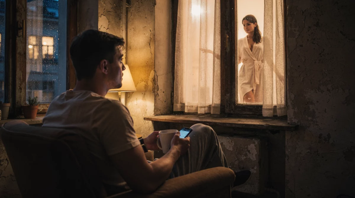 Przez szparę w zasłonach: naga sąsiadka i kieliszek wina