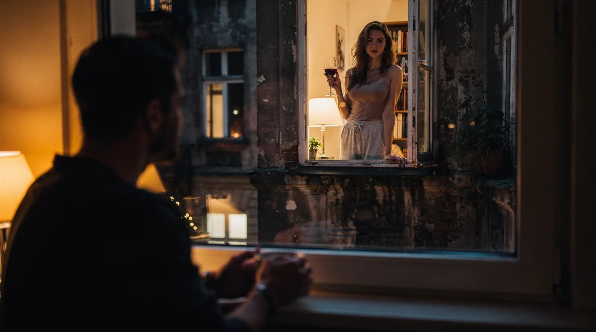 Sąsiadka za oknem z kieliszkiem wina